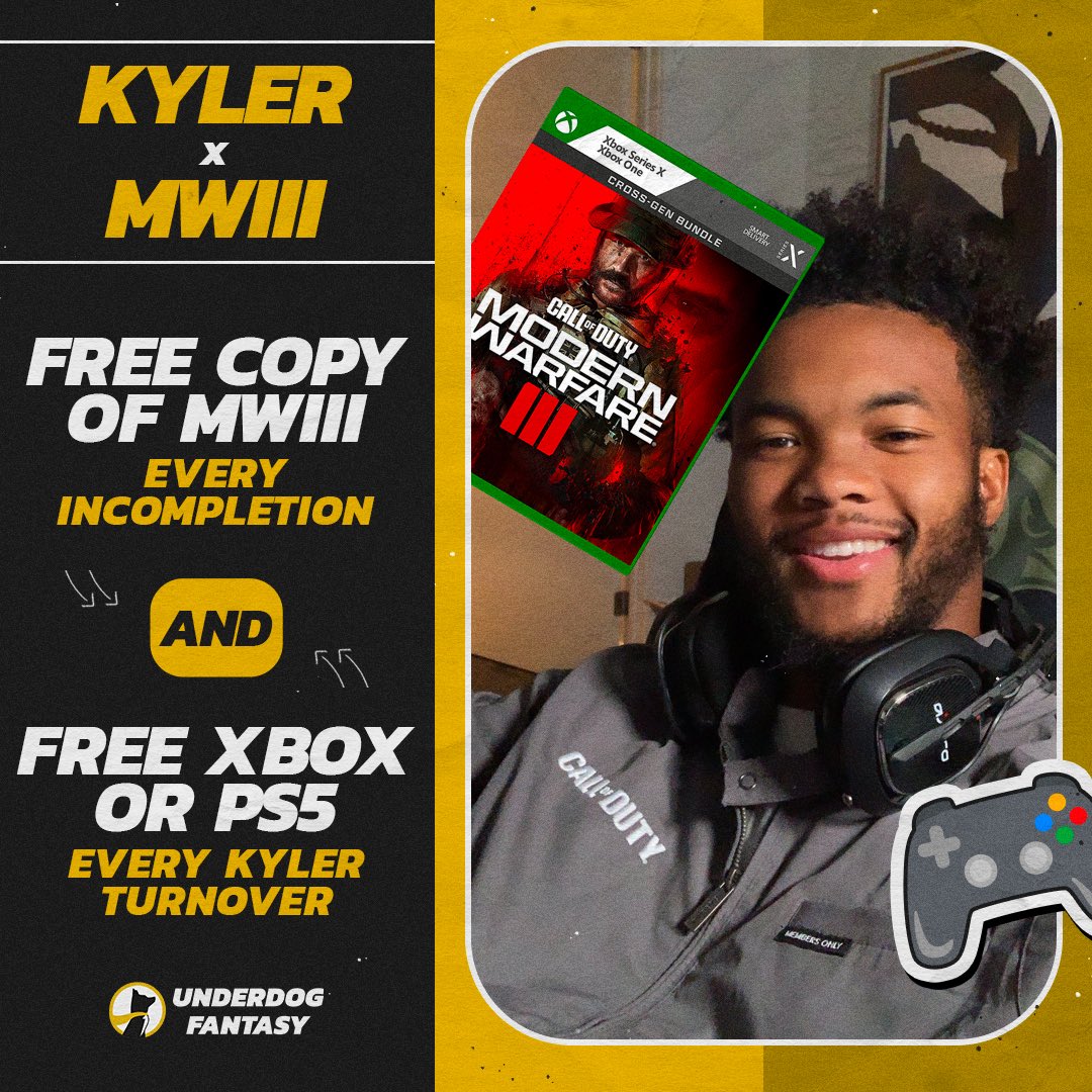 Kyler Murray debut AND Call of Duty releases this weekend? For every Kyler incompletion, one person who retweets this and replies with #UnderdogPicks will win a copy of the new CoD. For every Kyler lost fumble or INT, another entrant will win a console of their choosing 🤝