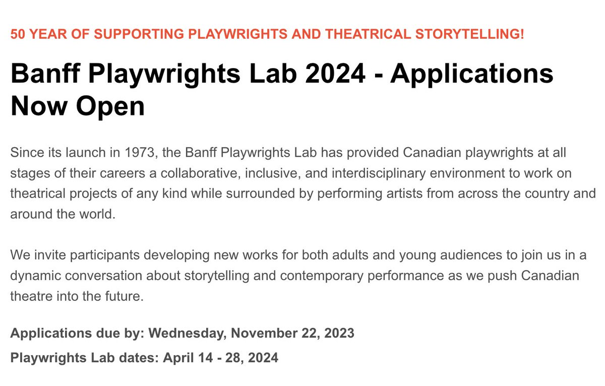 Applications for Banff Playwrights Lab due by Nov 22nd. Program runs April 14-28, 2024. 

Details and application info: 

banffcentre.ca/performing-art…