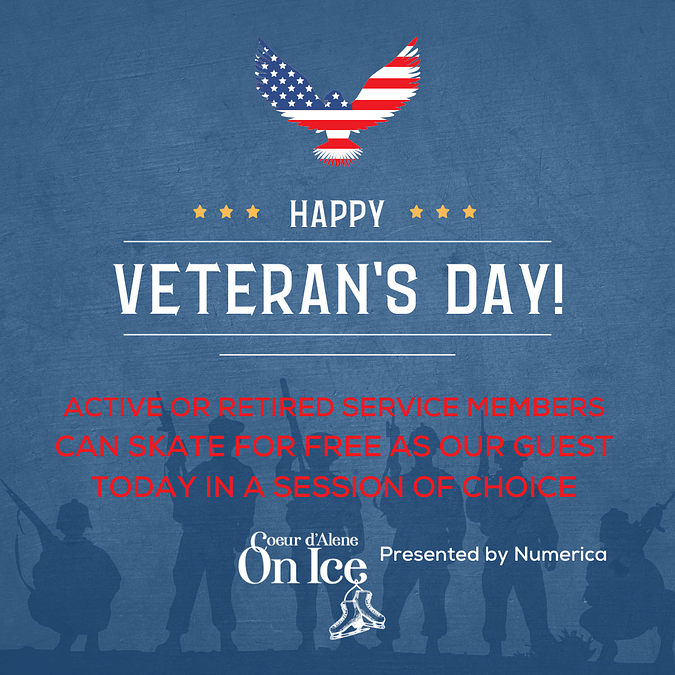 Home of the free because of the brave. We honor our Veterans today. Active or retired service members are invited to skate as our guest today in a session of choice. #visitcoeurdalene #visitcda #downtowncda #coeurdalene #cdaonice #cdaonicebynumerica