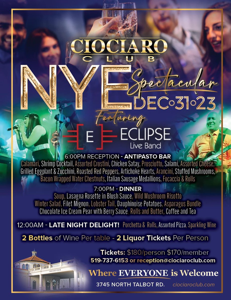 JOIN US THIS NYE at Ciociaro Club of Windsor Inc. for an exquisite evening of celebration that promises to be a culinary delight and a feast for the senses.