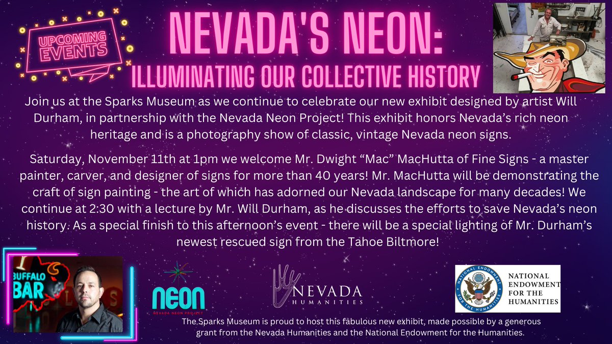 Join us at the #SparksMuseum tomorrow at 1pm to learn all about Nevada's neon history from Will Durham and how neon signs are painted from Dwight MacHutta!