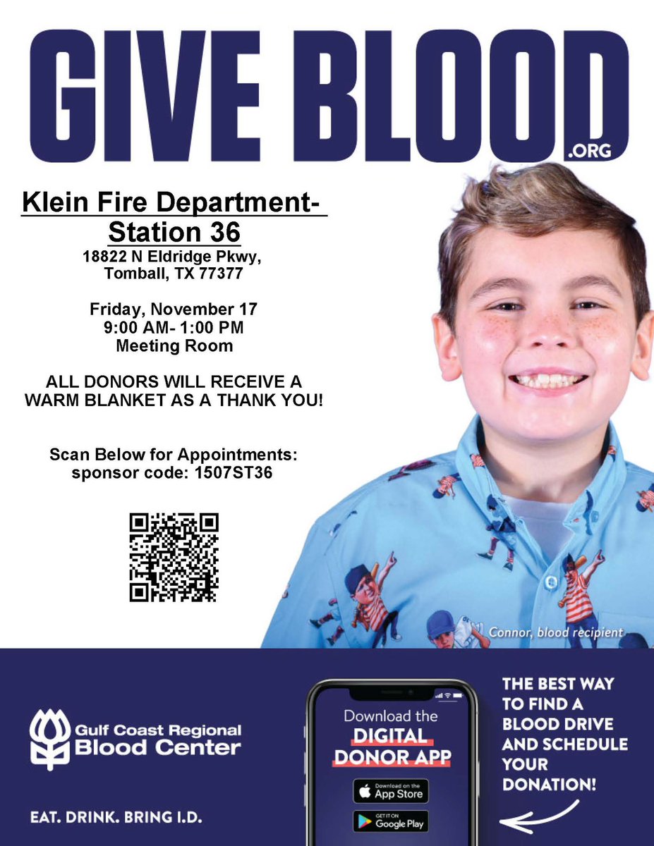 Kleinfiredept's tweet image. Join us for our November Blood Drive, benefiting the Gulf Coast Regional Blood Center and our neighbors in need. This is our second to last drive of the year and starts off the season of giving. We hope to see you at Station 36 to help give the gift of life!

#CommitForLife