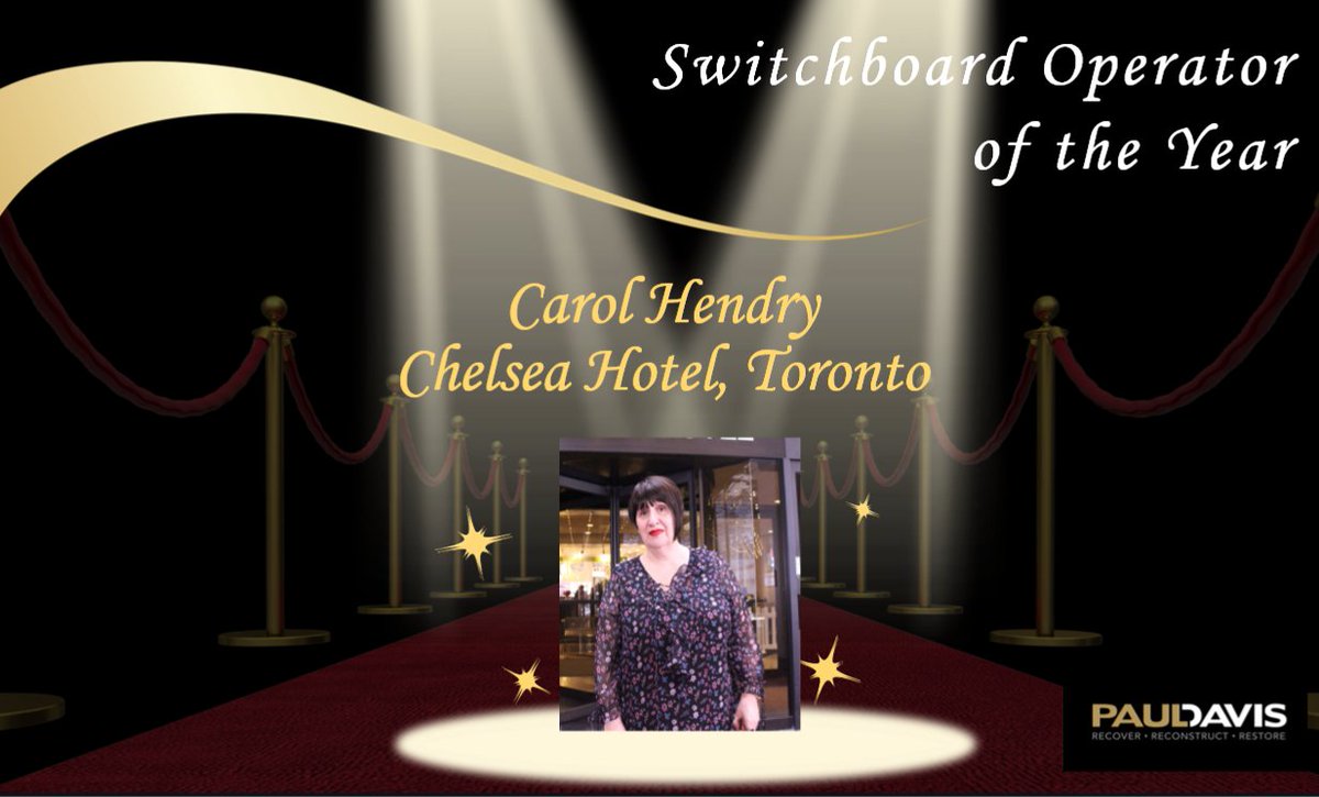 Congratulations to Carol Hendry​ from the <a href="/ChelseaHotelTO/">Chelsea Hotel TO</a>, winner of the Switchboard Operator of the Year Award sponsored by <a href="/PDRestoration/">PaulDavisRestoration</a> #GTHASpiritAwards