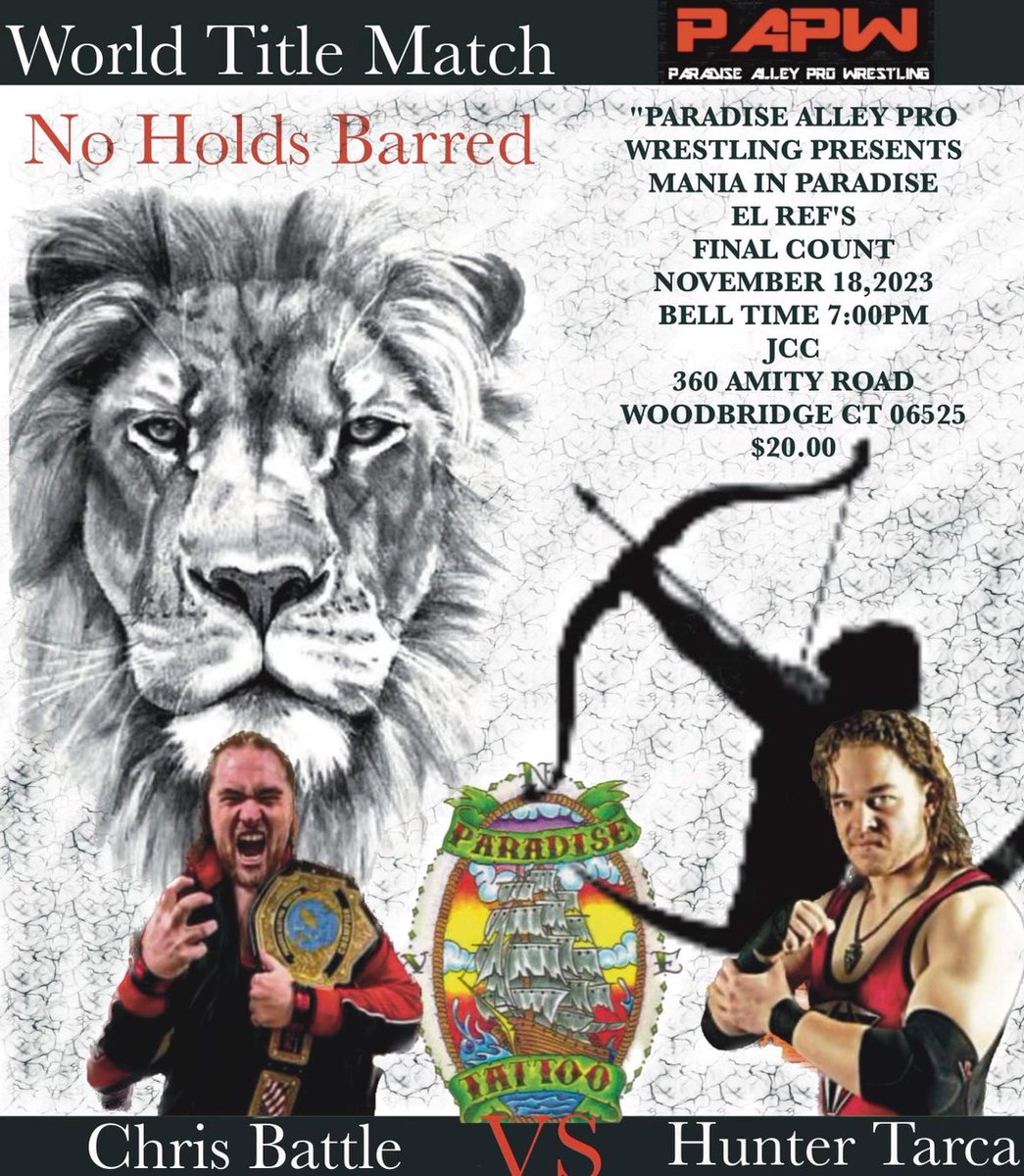 Official_PAPW's tweet photo. 🚨MATCH ANNOUNCEMENT🚨

After earning his shot in a handicap match at Thriller in Paradise, Hunter Tarca finally gets his rematch for the Heavyweight Championship against Chris Battle, but this time… it’ll be NO HOLDS BARRED!!!

#MANIAinPARADISE #THEFINALCOUNT https://t.co/LeySprqZgw