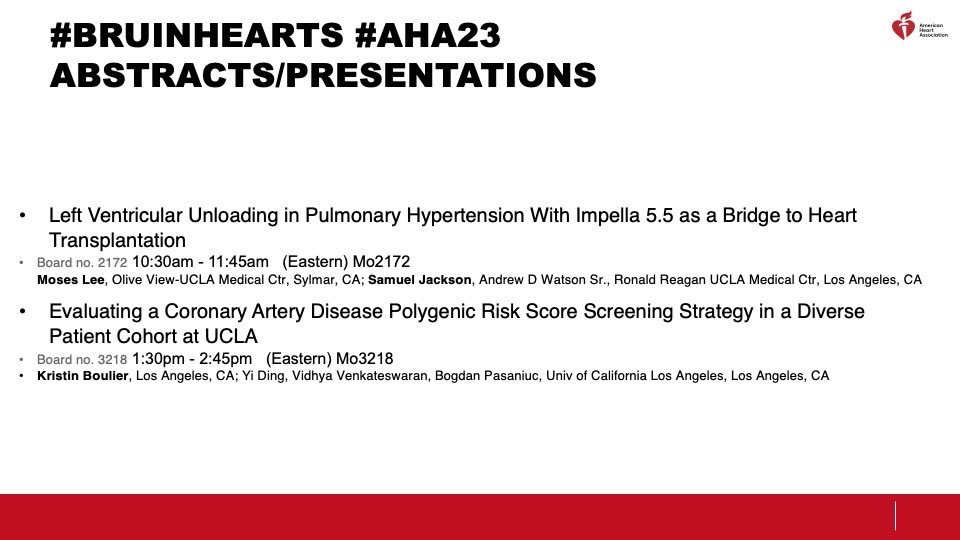 Eric H Yang, MD (@datsunian) on Twitter photo Congrats to the #bruinhearts <a href="/uclaCVfellows/">UCLA Cardiology Fellowship</a> <a href="/uclaimchiefs/">UCLA Internal Medicine Chief Residents</a> representation at <a href="/AHAMeetings/">AHAMeetings</a> #AHA23 in Philly!
Don’t miss these 13+ abstracts/presentations from <a href="/UCLAHealth/">UCLA Health</a>
🙏 to our mentors and the house staff for their contributions to science! Congrats to the #bruinhearts <a href="/uclaCVfellows/">UCLA Cardiology Fellowship</a> <a href="/uclaimchiefs/">UCLA Internal Medicine Chief Residents</a> representation at <a href="/AHAMeetings/">AHAMeetings</a> #AHA23 in Philly!
Don’t miss these 13+ abstracts/presentations from <a href="/UCLAHealth/">UCLA Health</a>
🙏 to our mentors and the house staff for their contributions to science!