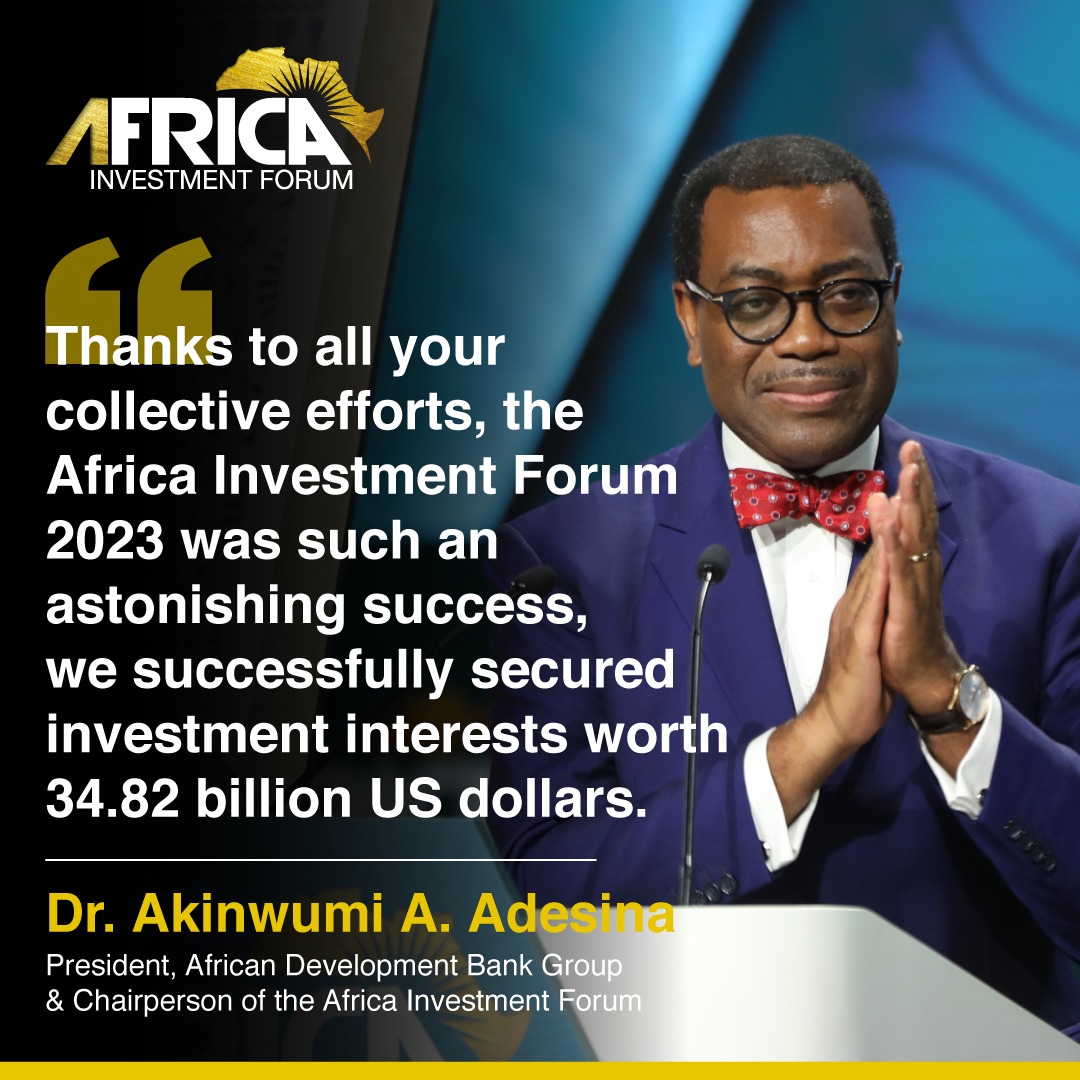 'We successfully secured investment interests worth 34.82 billion US dollars' - Dr. @akin_adesina, President, @AfDB_Group & Chairperson of the Africa Investment Forum, announcing outcomes of AIF 2023's Boardrooms, at the Closing Plenary. #AfricaInvestmentForum #AIF2023 #Morocco