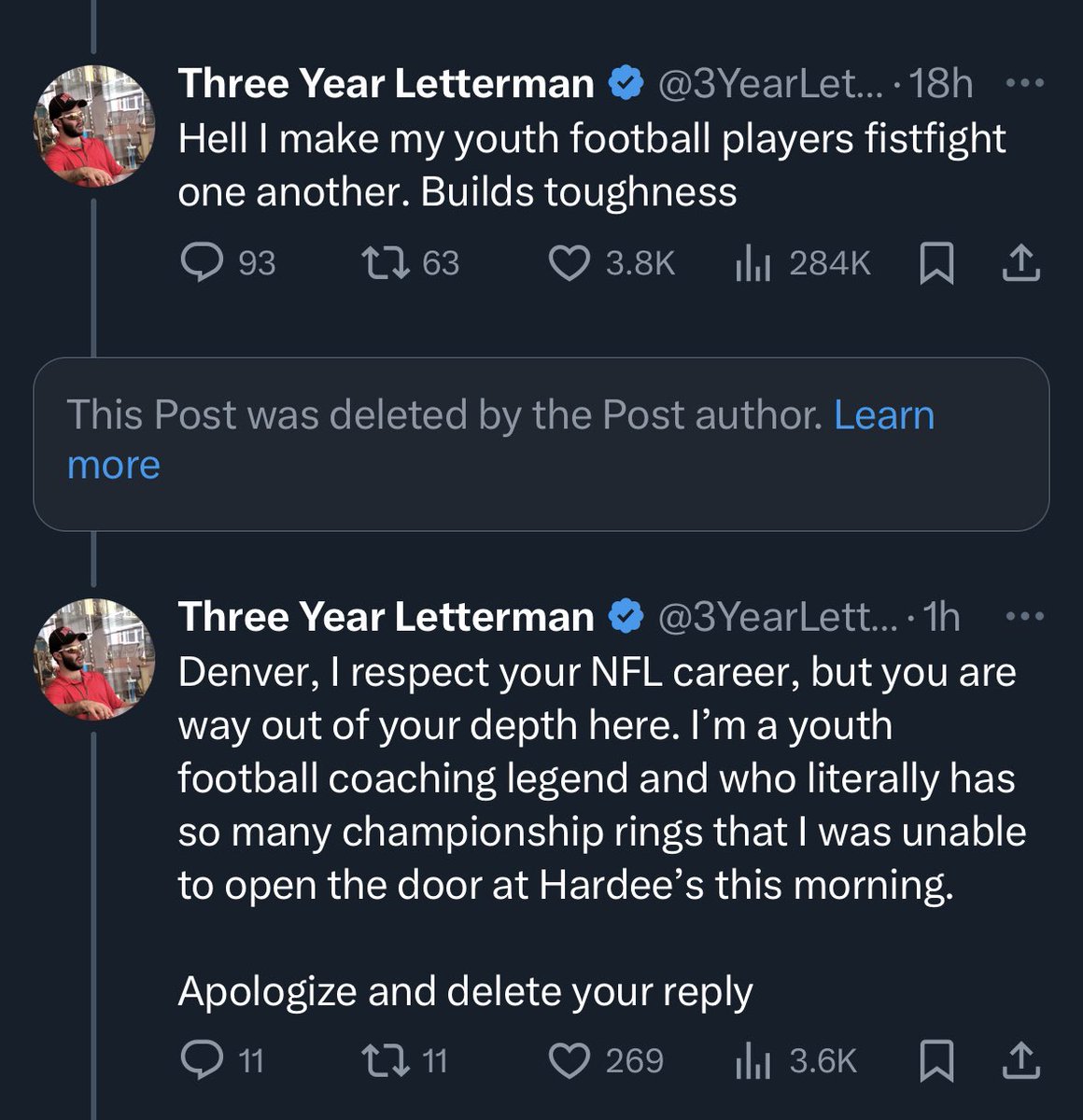 3YearLetterman's tweet photo. When I speak, even former NFL players listen https://t.co/MGBPQ99VoS