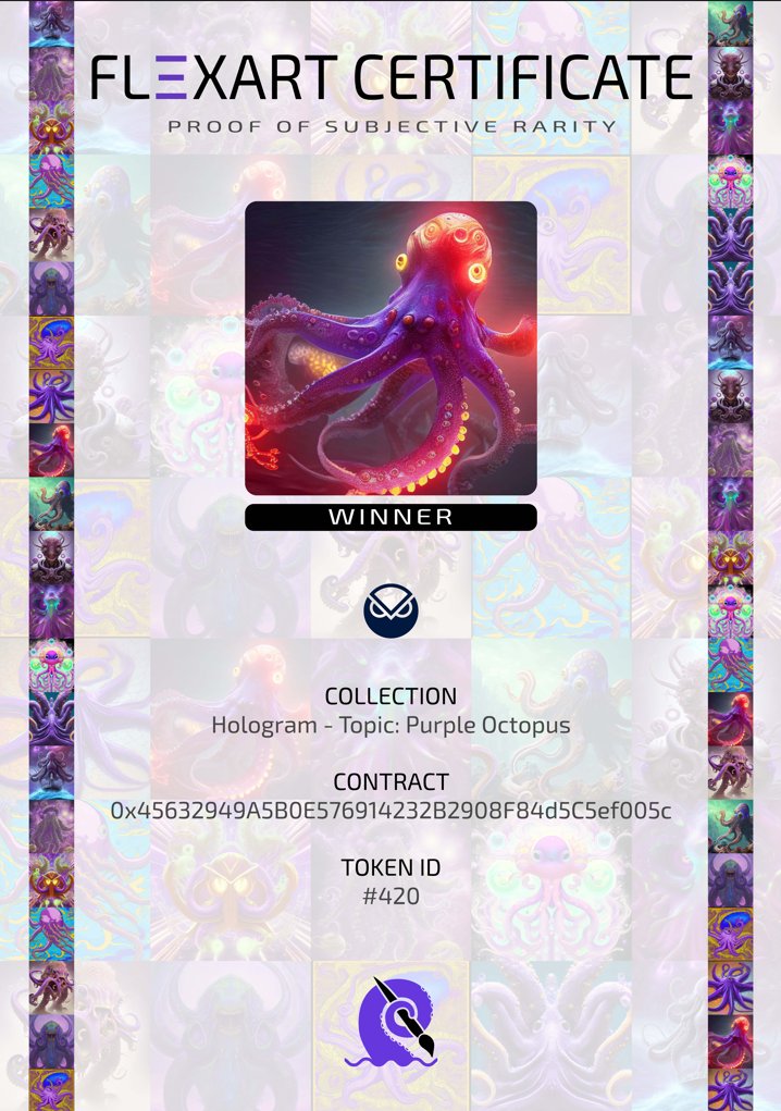 💥A new Proof of Subjective Rarity #PoSR has been generated by communities and now results in a official certificate.💥

✨<a href="/tryhologram/">@tryhologram.art </a> AI contest - topic: Octopuss✨

✨🏆Congrats to the winner! Certificate is going to mint on <a href="/gnosischain/">Gnosis Chain</a> directly into your wallet🏆✨
This is