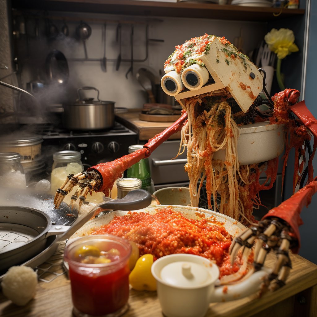 Sea_Null's tweet image. He pedido a mi robot de cocina que prepare algo de pasta para cenar. Quién se viene?  #midjourneyart #Losviernessecenaencasa