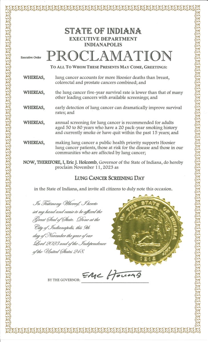 Indiana officially proclaims November 11, 2023, as Lung Cancer Screening Day! Please share and encourage those you know that may be at risk to get screened.