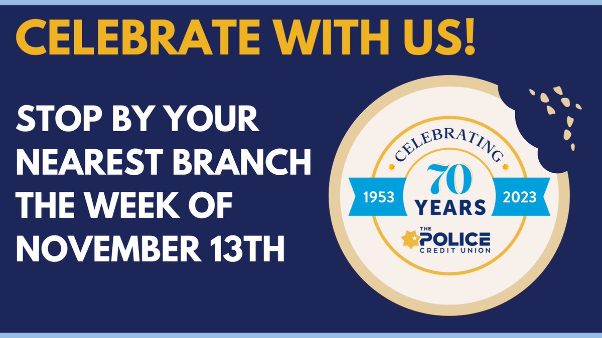 We’re celebrating our #70thAnniversary with cookies! Stop by any of our branches the week of November 13th for a sweet treat to celebrate with us. 🎉🎉🎉
.
.
.
#ThePoliceCreditUnion