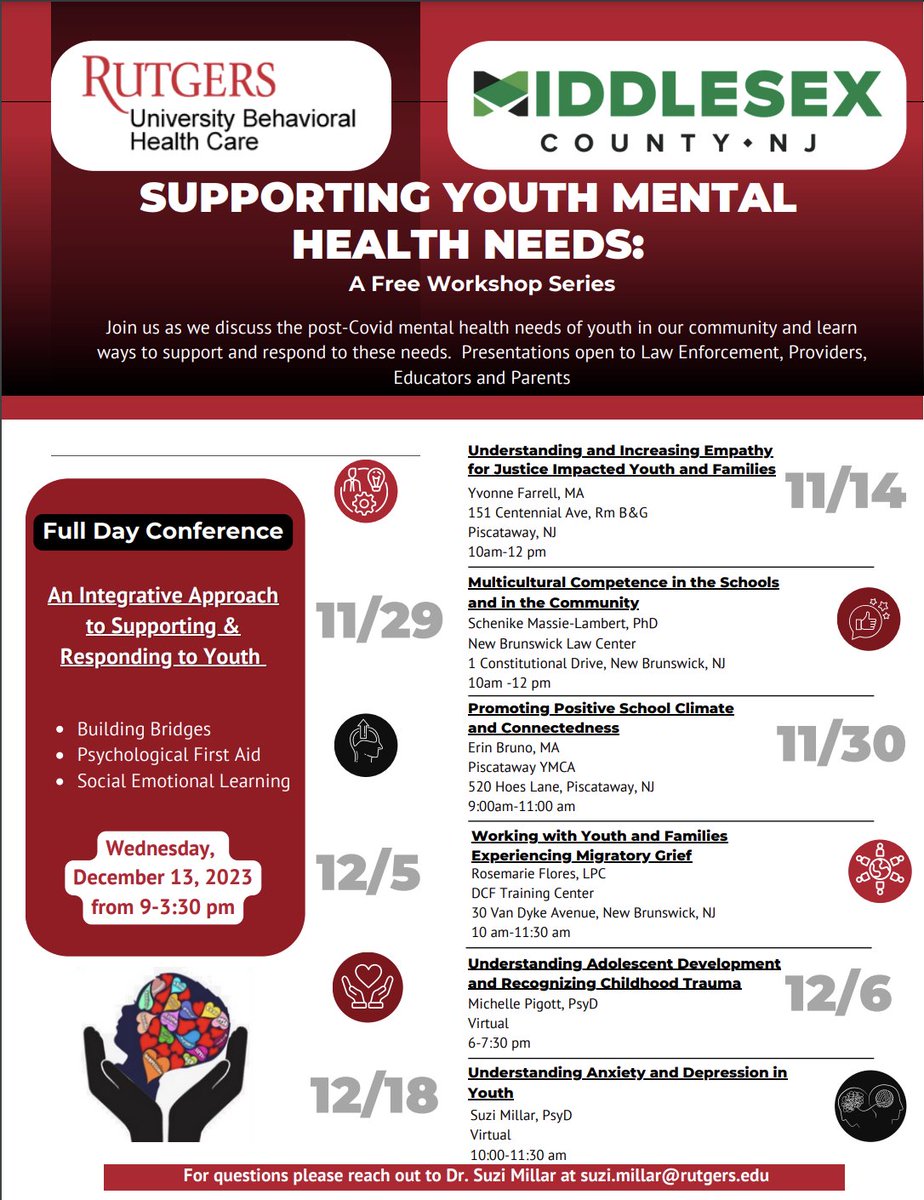 NAMI NJ encourages parents, educators, law enforcement officers, and mental health providers to consider participating in this free workshop series offered by Rutgers Health - University Behavioral Health Care and Middlesex County Division of Children's Services.