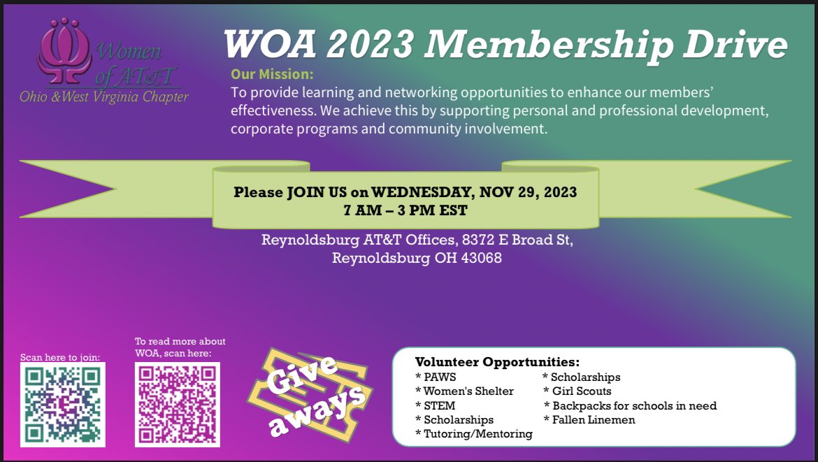 Come join us for our Women of ATT Ohio/West Virginia membership drive in Columbus on 11/29! 
We’ll have great conversations, give aways, &amp; more! 💜 <a href="/WomenOfATT_EG/">WomenOfATT</a> <a href="/woaohwv/">WOAOHWV</a>