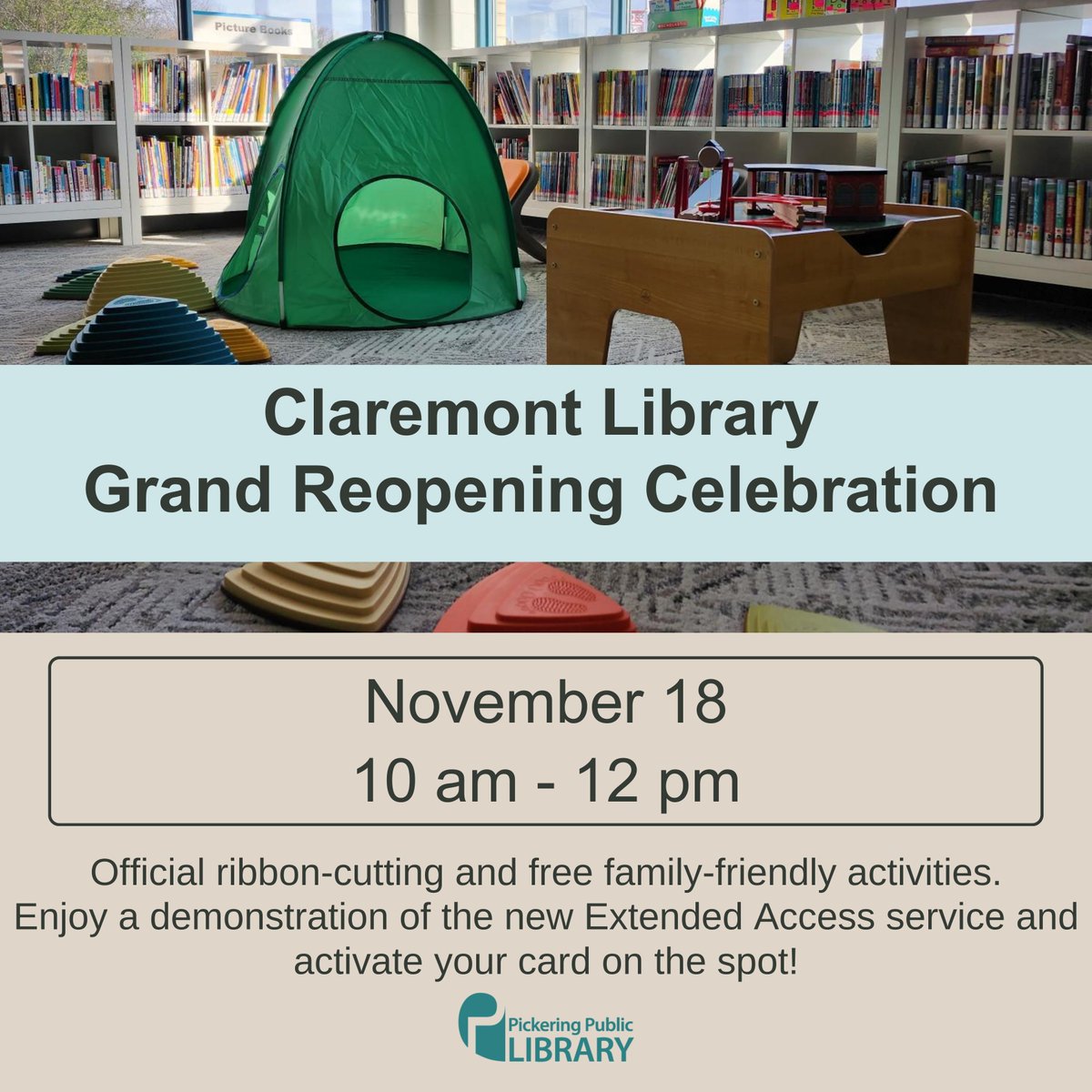 pickeringlibs's tweet image. Save the date! Claremont Library Grand Reopening Celebration, November 18, from 10 am to 12 pm!

Free activities, try out the new spaces or features, and learn about the enhancements. Visit pickeringlibrary.ca/claremont-refr….

#claremont #pickeringlibrary #pickeringevents #claremontontario