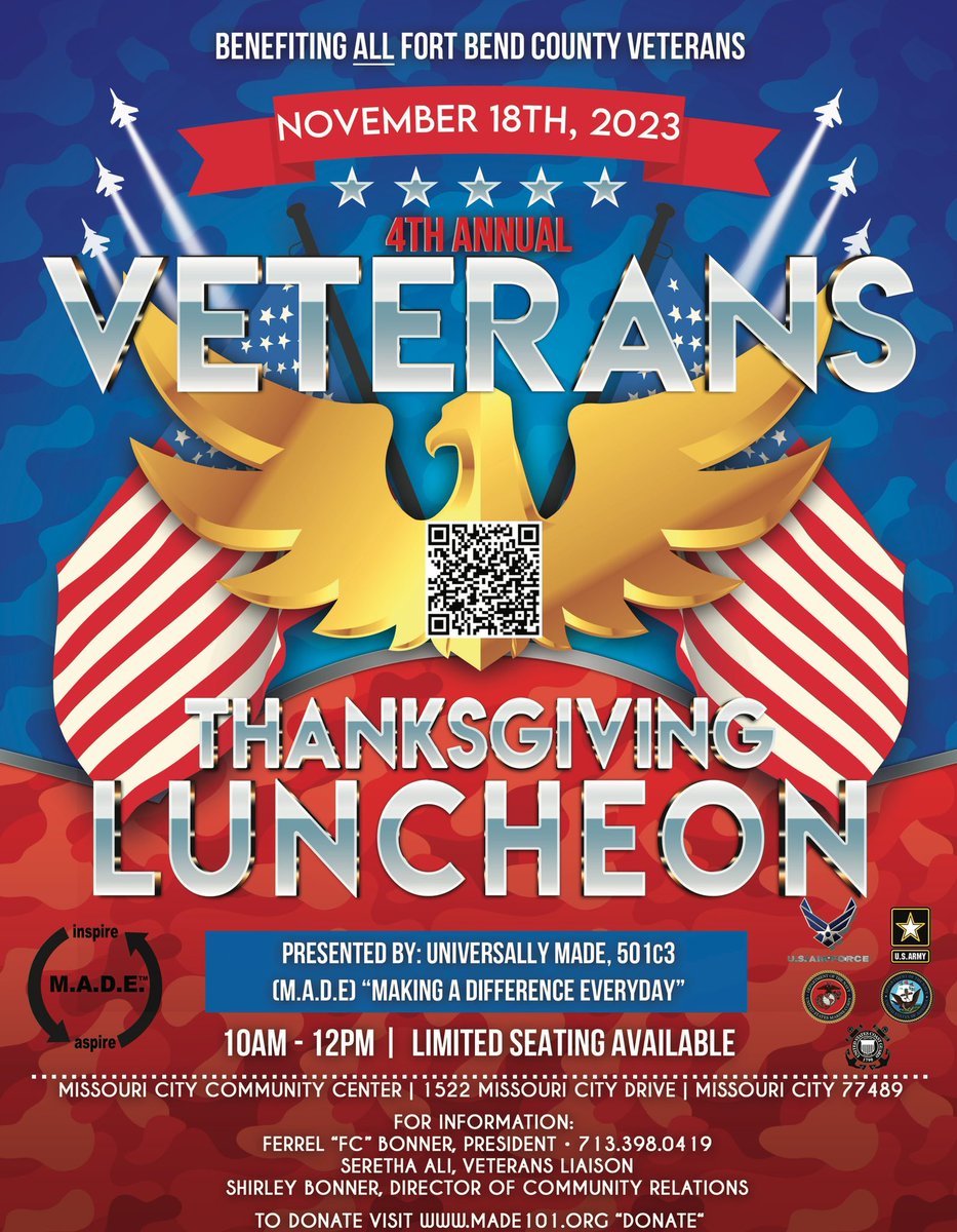 MADE101org's tweet photo. Wishing everyone a wonderful &amp; safe Veterans Day Weekend!

“4TH ANNUAL VETERANS THANKSGIVING LUNCHEON” 11/18/2023

SEATING IS LIMITED
To get an accurate headcount, we ask each Veteran to register separately:
https://t.co/AEkElSM2U9

Airborne!
De Oppresso Liber! https://t.co/EEEJzCkvZp