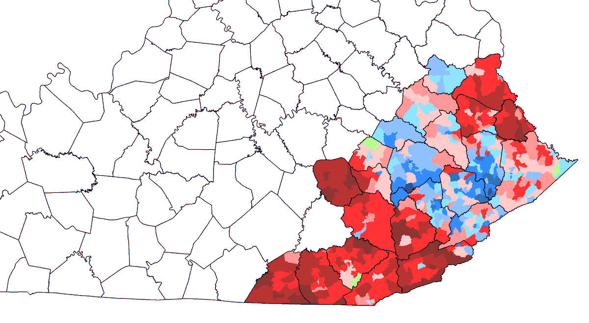 Precinct map of #KYGOV in works

You can really see the more Dem-friendly coal fields separated from the ancestral Republican southern counties 

Link in tweet below is today's newsletter on Kentucky Governor and West Virginia Senate