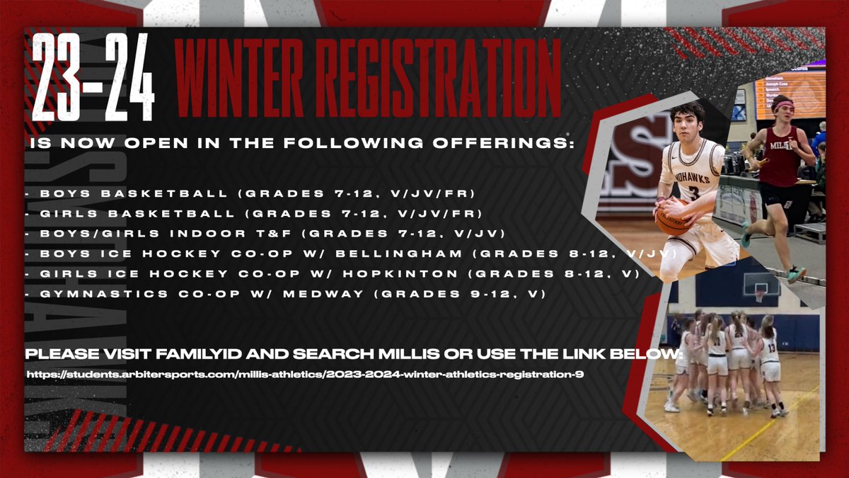 Current Registrations as of 11/10:

Girls Hoop: 24
Boys Hoop: 10
T&amp;F: 23

Co-ops in boys (bellingham) and girls (hopkinton) ice hockey and gymnastics (medway).

Register here: students.arbitersports.com/millis-athleti…