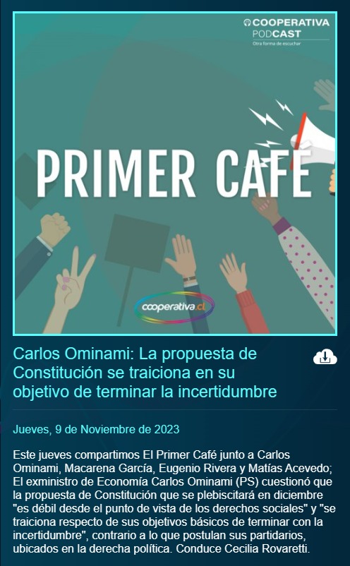 Escucha el podcast de "El Primer Café" de Radio Cooperativa, donde participaron <a href="/EugenioRivera/">Eugenio Rivera</a>  y <a href="/carlosominami/">Carlos Ominami</a>  , integrantes del Foro para un Desarrollo Justo y Sostenible.

cooperativapodcast.cl/primer-cafe?ts…