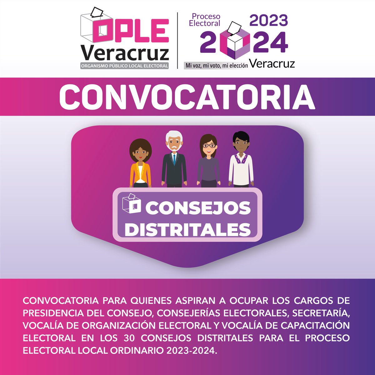 #Participa 📢¡ Ya está abierta la convocatoria para integrar los 30 Consejos Distritales para el Proceso Electoral Local Ordinario 2023-2024‼

🗓Fecha límite para registro: 27 de noviembre

Consulta la convocatoria👇
oplever.org.mx/consejosdistri…

#MiVoxMiVotoMiElección