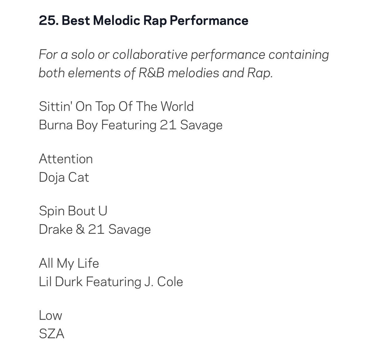 RapShit's tweet photo. GRAMMY nominations for Best Melodic Rap Performance! 21 Savage with 2 features 🔥👀 https://t.co/W26589bBP1