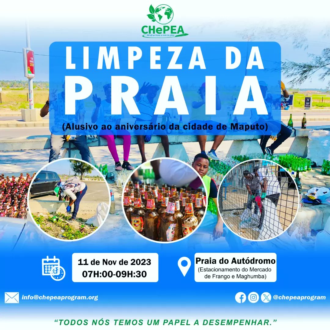 chepeaprogram's tweet photo. "It's important to be #vigilant about our #environment &amp; make #efforts to #savetheplanet."

So, join us tomorrow from 06H50 CAT for a #CleanUp activity alluding to #maputocityday at Autodrome #beach in Maputo-Moz🇲🇿 .

#ActNow
#beachcleanup
#chepeaprogram🌍
#allofushavearoletoplay https://t.co/a6KuSzARHf