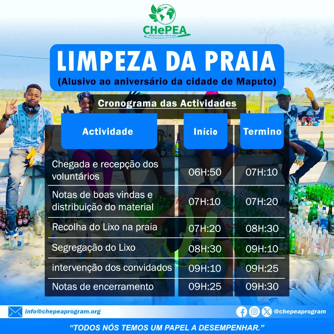 chepeaprogram's tweet photo. "It's important to be #vigilant about our #environment &amp; make #efforts to #savetheplanet."

So, join us tomorrow from 06H50 CAT for a #CleanUp activity alluding to #maputocityday at Autodrome #beach in Maputo-Moz🇲🇿 .

#ActNow
#beachcleanup
#chepeaprogram🌍
#allofushavearoletoplay https://t.co/a6KuSzARHf