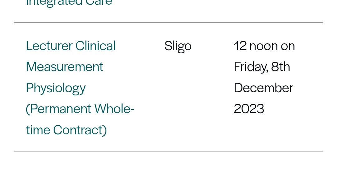 Come and join <a href="/tanyabyrnepratt/">TanyaByrnePratt</a> and the rest of our wider team on the Clinical Measurement Physiology Programmes in <a href="/atusligo_ie/">ATU Sligo</a> 
Brand new lab, over €200k in new equipment. Enthusiastic and supportive fellow lecturers. Great opportunity 
atu.ie/academic-jobs