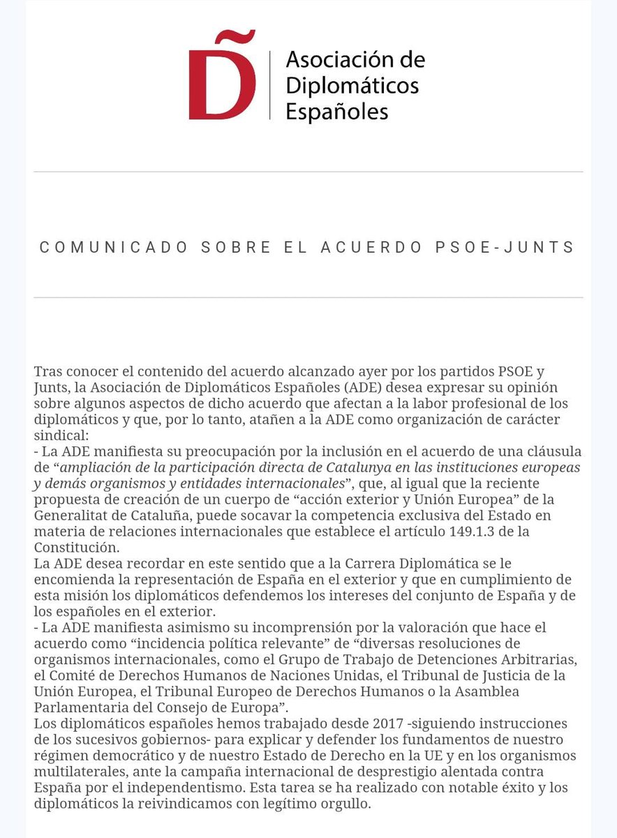 diplomaticosADE's tweet image. Comunicado de la Asociación de Diplomáticos Españoles sobre el acuerdo entre @PSOE y @JuntsXCat