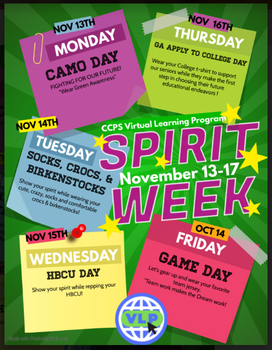 ATTENTION VLP HIGH SCHOOL STUDENTS !!!

Get ready to show your school spirit! 

Join us for an unforgettable week of fun and excitement. #SpiritWeek #CCPSVLPHighSchool