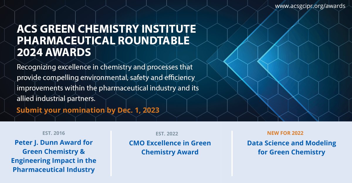 ACSGCI's tweet photo. The ACS GCI Pharmaceutical Roundtable invites you to submit a nomination by Dec. 1 for their three #greenchemistry awards! Find out more and apply at https://t.co/IF3EZxIJCo
#GCIPR https://t.co/o482qYTpaa