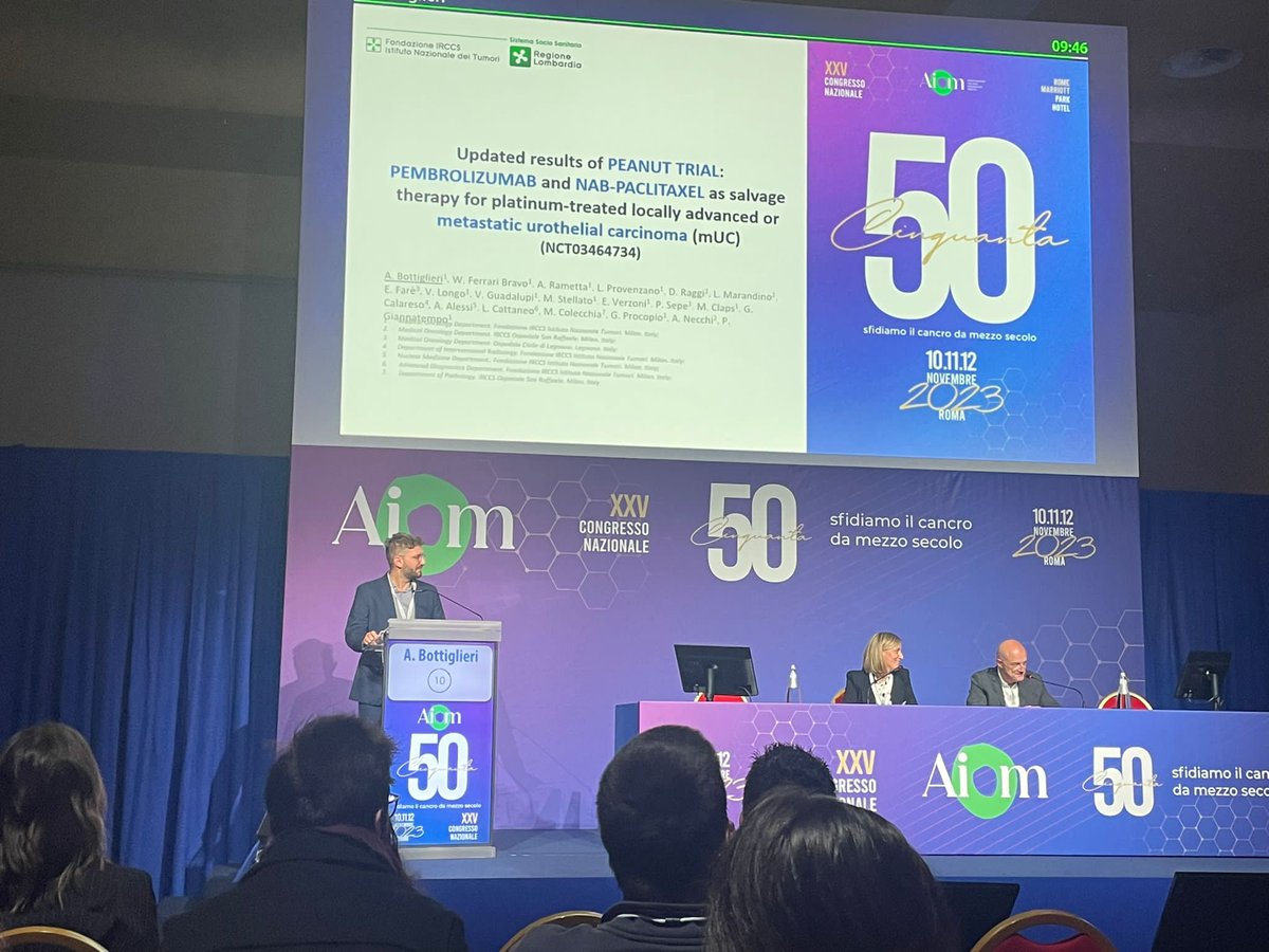 It was a great honor for me today to discuss the PEANUT trial update to #AIOM. Pembrolizumab + nab-paclitaxel confirmed a significant efficacy in #mUC over 4 years of mFUP. ‼️ORR 50.0%; DCR 75.8% ‼️mPFS 5.1 mo; mOS 11.0 mo My thanks to the GU Oncology Team of @IstTumori