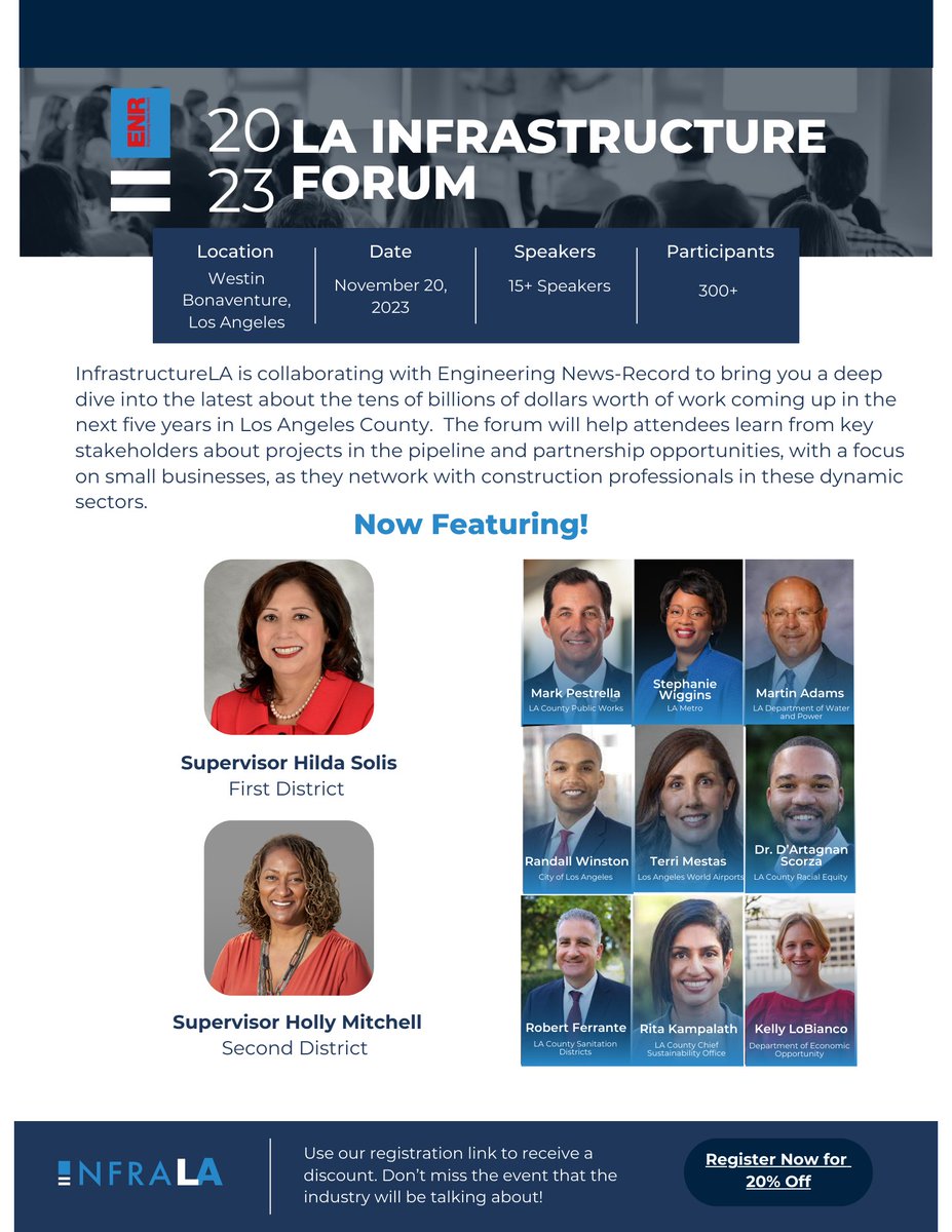 🚀Exciting Update! 🏗️New speakers added to the LA Infrastructure Forum lineup! Join Supervisors <a href="/HildaSolis/">Hilda Solis</a> &amp; <a href="/HollyJMitchell/">Holly J. Mitchell</a>, along with experts from @lacopublicworks, <a href="/metrolosangeles/">Metro Los Angeles</a>, <a href="/flyLAXairport/">LAX Airport</a>, <a href="/LADWP/">LADWP</a>, &amp; more. Register now: na.eventscloud.com/ereg/newreg.ph…
