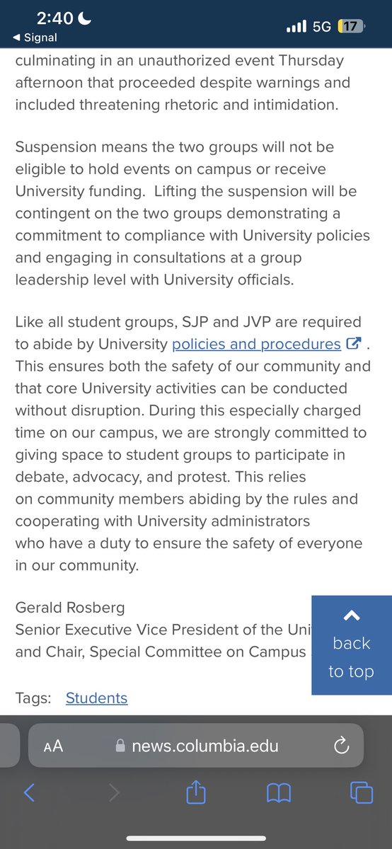 after yesterday’s peaceful walkout and art installation for Palestine, both @ColumbiaSJP & @ColumbiaJVP have been suspended as official student groups at Columbia University. Suspension is in place until the end of the fall semester.