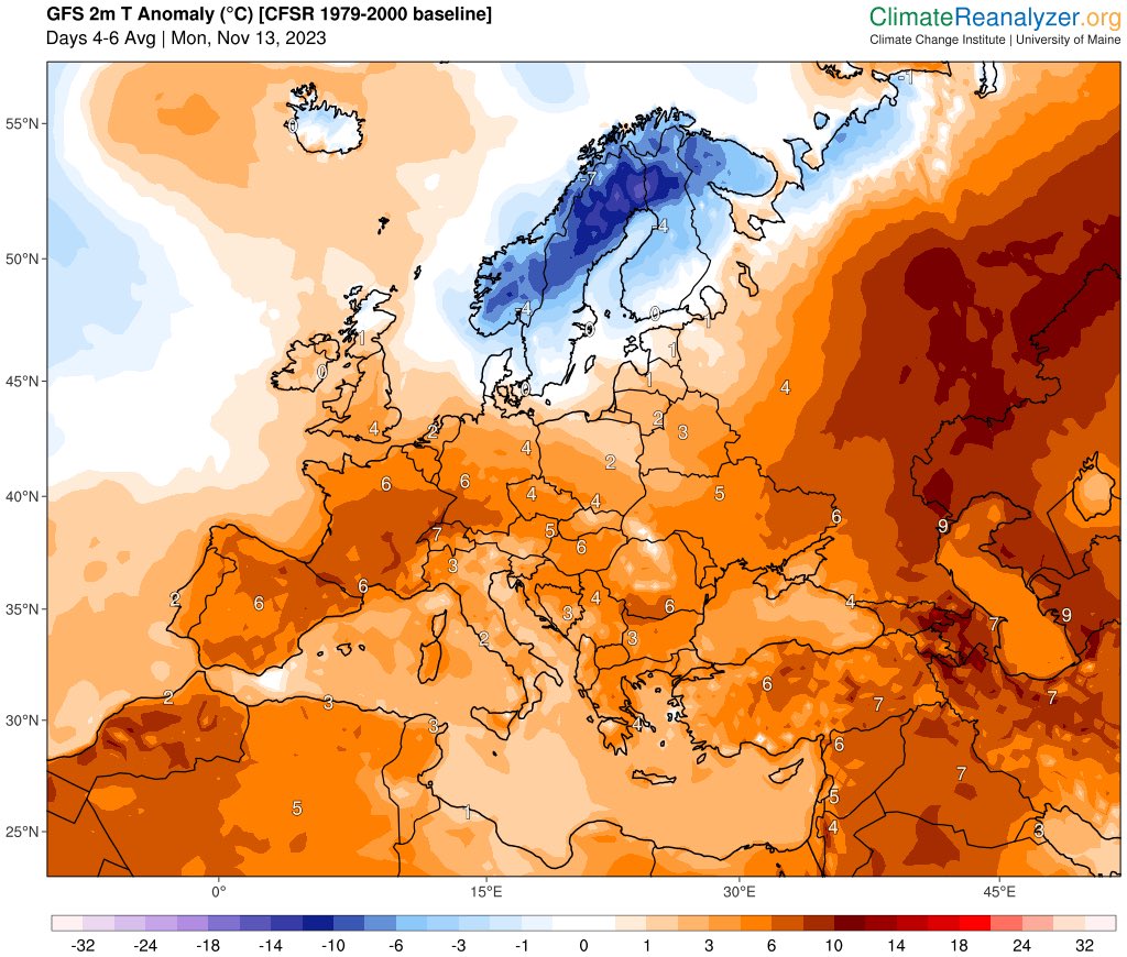 Winter’s hiding in northern Scandinavia over the next few days. Some impressive low temperatures forecast. But more than balanced by a ridiculous heatwave in the east.