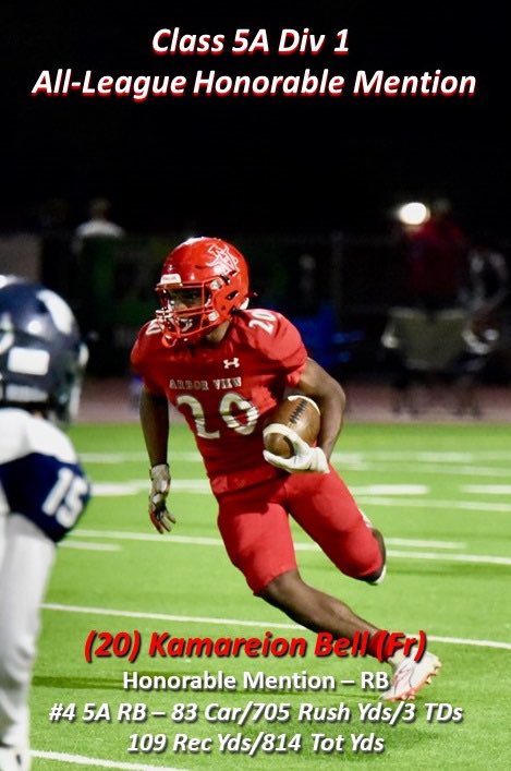 Congratulations to (Fr) Kamareion Bell on Class 5A Div 1 All-League Honorable Mention (RB).  #4 league RB – 83 Car, 705 Rush yds, 109 Rec yds, 814 Tot yds & 3 Rush TDs.