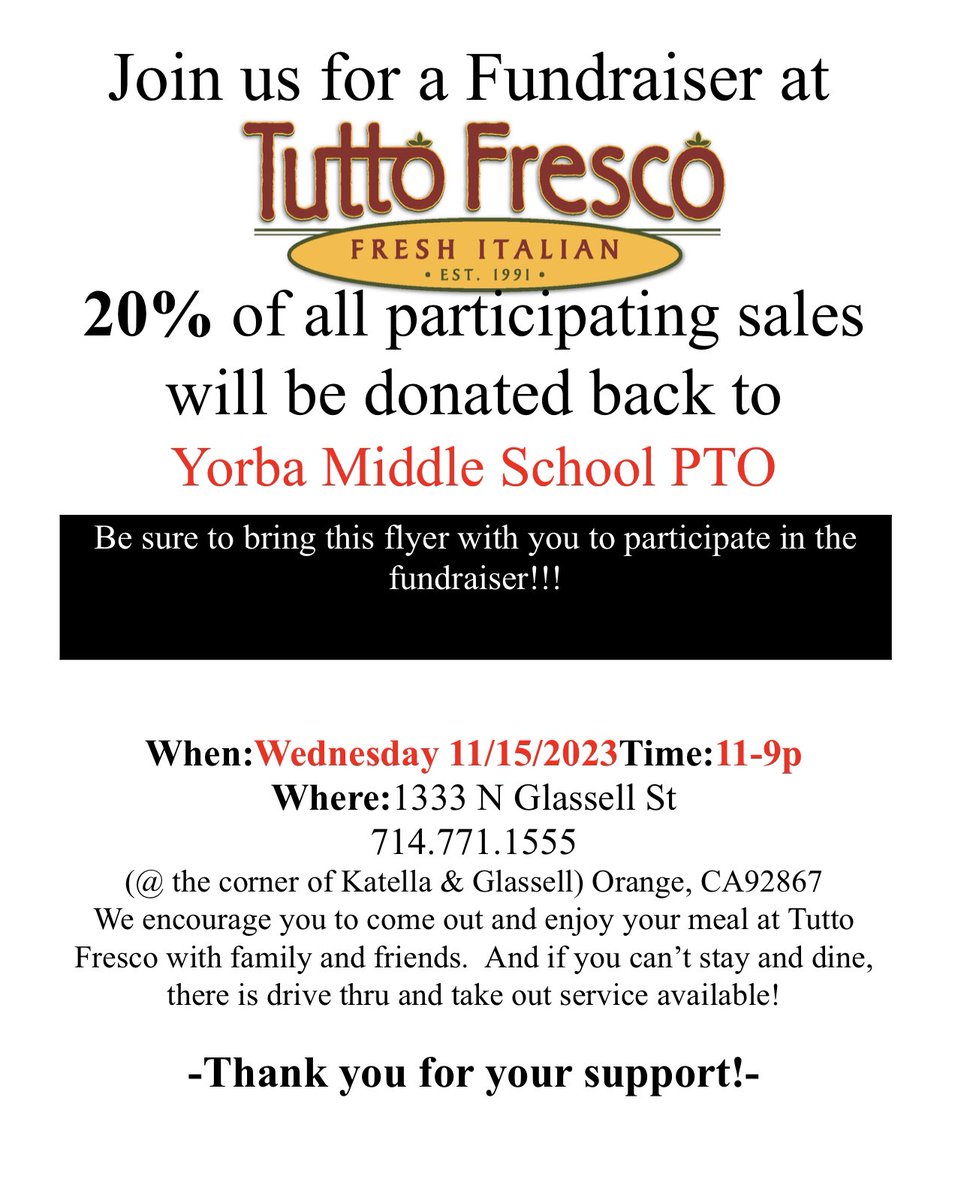 @Yorba_Toros (@yorba_toros) on Twitter photo Donβt cook this Wednesday-come
Support YMS PTO!! <a href="/OrangeUnifiedCA/">Orange Unified SD</a> <a href="/DrKenMiller1/">Dr. Ken Miller</a> <a href="/Yorba_DrLuther/">Dr. Luther ππ€π</a> Donβt cook this Wednesday-come
Support YMS PTO!! <a href="/OrangeUnifiedCA/">Orange Unified SD</a> <a href="/DrKenMiller1/">Dr. Ken Miller</a> <a href="/Yorba_DrLuther/">Dr. Luther ππ€π</a>