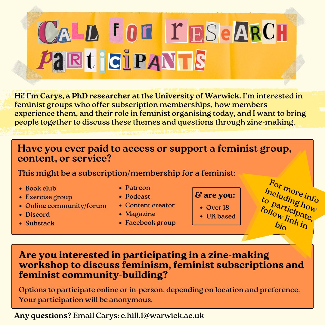 💥call for participants💥 I'm recruiting participants for zine-making workshops to discuss the use of subscriptions and memberships by feminist groups + content creators (e.g. through platforms like Patreon).

For more details and to sign-up: forms.gle/gue15rBPcqvSuQ…

RTs welcome!