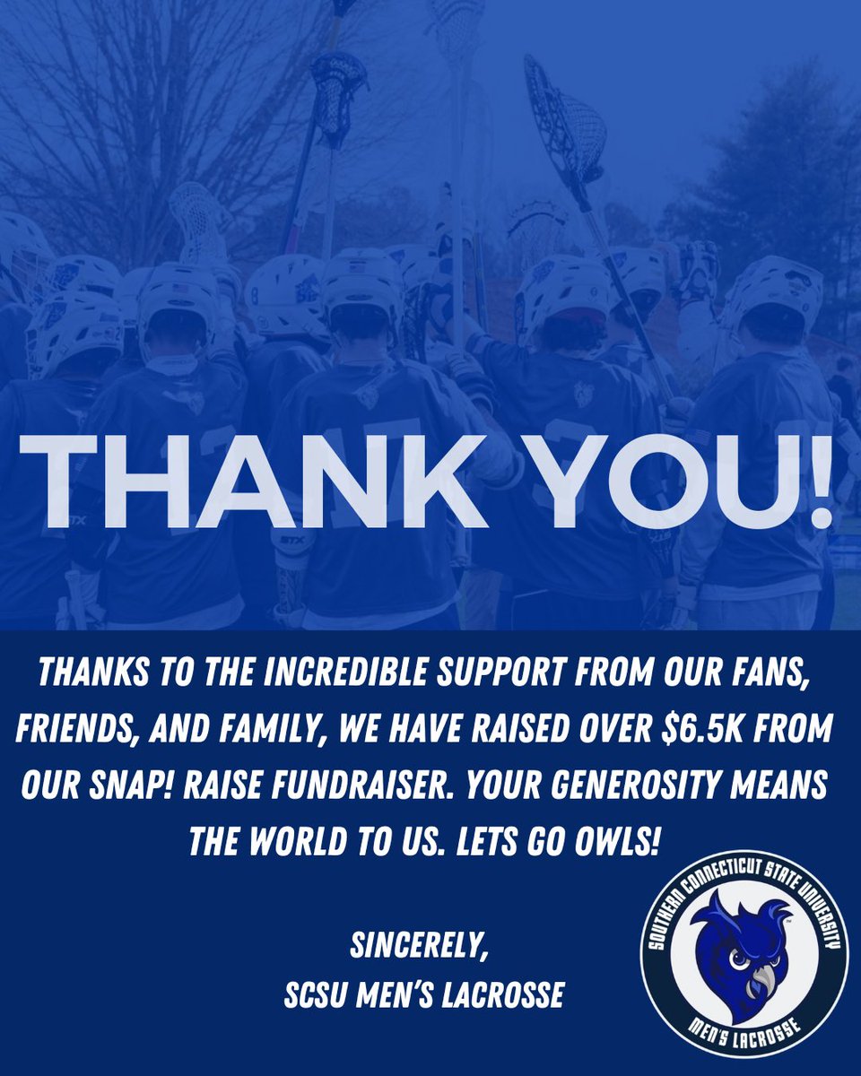 🥍🦉A huge thank you to our incredible supporters for making our Snap! Raise fundraiser a success! We’re grateful for your continued support. Here's to an amazing season ahead, powered by the best fans! 🙌💙 #ThankYou #WeAreSCSU #MCLA #clublacrosse #collegesports