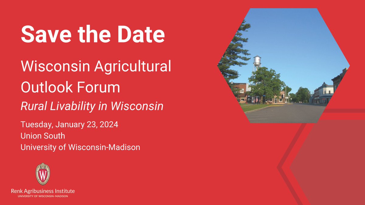 SAVE THE DATE! The 2024 Wisconsin Agricultural Outlook Forum will take place on January 23, 2024 in Union South. This year’s forum will focus on “Rural Livability in Wisconsin.” Learn more about this year’s forum on our website: ecals.cals.wisc.edu/2023/10/25/sav…