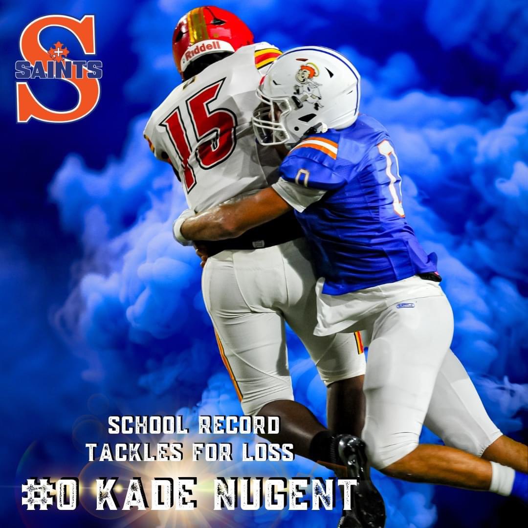 SLCHSFB's tweet photo. 💥KADE NUGENT DOES IT AGAIN!
#0 Kade Nugent has already broken one school record (Career Sacks), and now holds the school record in tackles for loss with 45, breaking the record previously held by Sam Bruchhaus (2017).  
Congratulations, Kade! #WinToday #WeAreSaints #RecordHolder https://t.co/JB3k56k1Gx