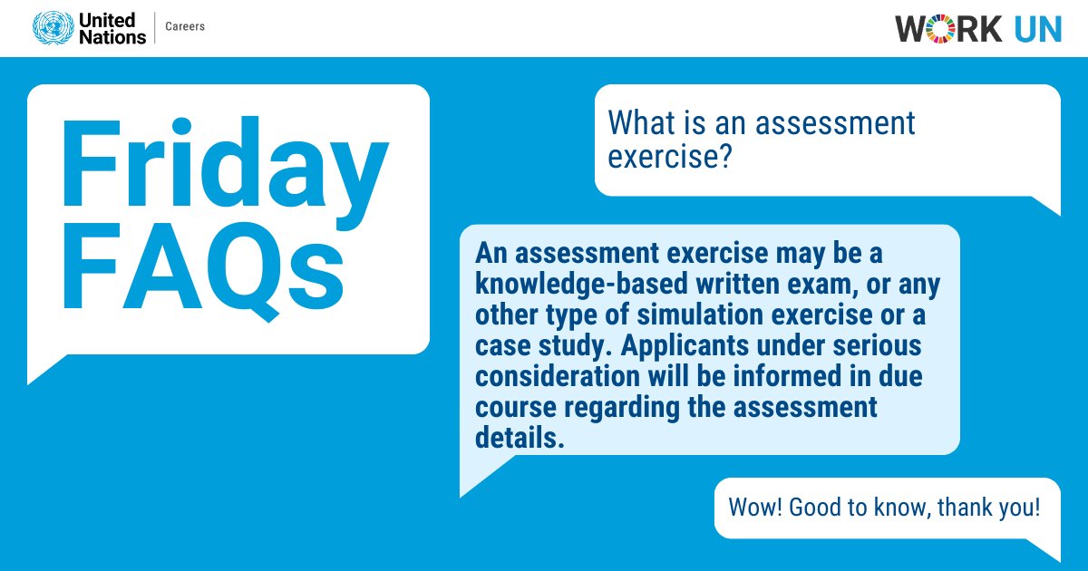 UN_Careers's tweet photo. ⁉️ #FridayFAQs ⁉️
📌Our #FAQ today is about assessment exercises, learn more about this important step in the UN recruitment process here: https://t.co/iHUljGIVqF
#UNTalent #opportunities #UNcareers #UN #UnitedNations #UNJobs #diversity #diversityinclusion #careergoals #Work https://t.co/LNY78SKQz1