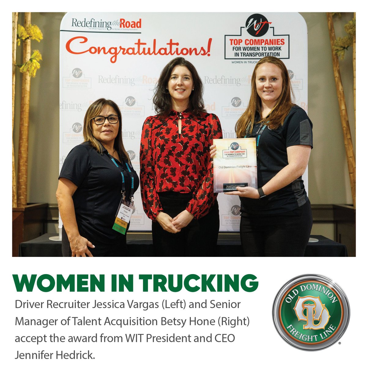ODFLPeople's tweet photo. OD received the "Top Company for Women to Work for in Transportation" award from @WomenInTrucking at this week's #WIT2023 Accelerate Conference &amp; Expo. We are proud of our commitment to the women of OD and the industry. https://t.co/JtNG5TkvXU