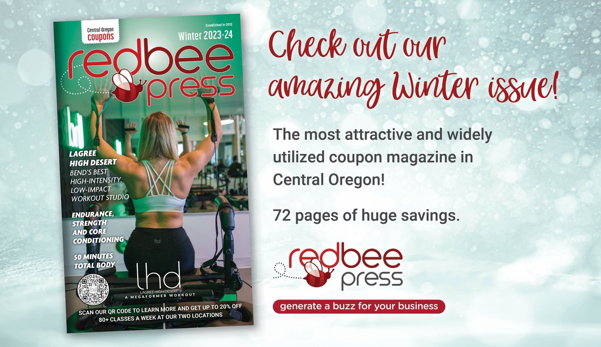 RedBeePress's tweet photo. Red Bee Press' Winter '23='24 issue will hit mailboxes mid-November. SHOP LOCAL and SAVE BIG with all our fabulous coupons! 😍#centraloregon #shoplocal #coupons #sunriver #bend #tumalo #sistersoregon #madras #redmond https://t.co/FeLjN3sxTa