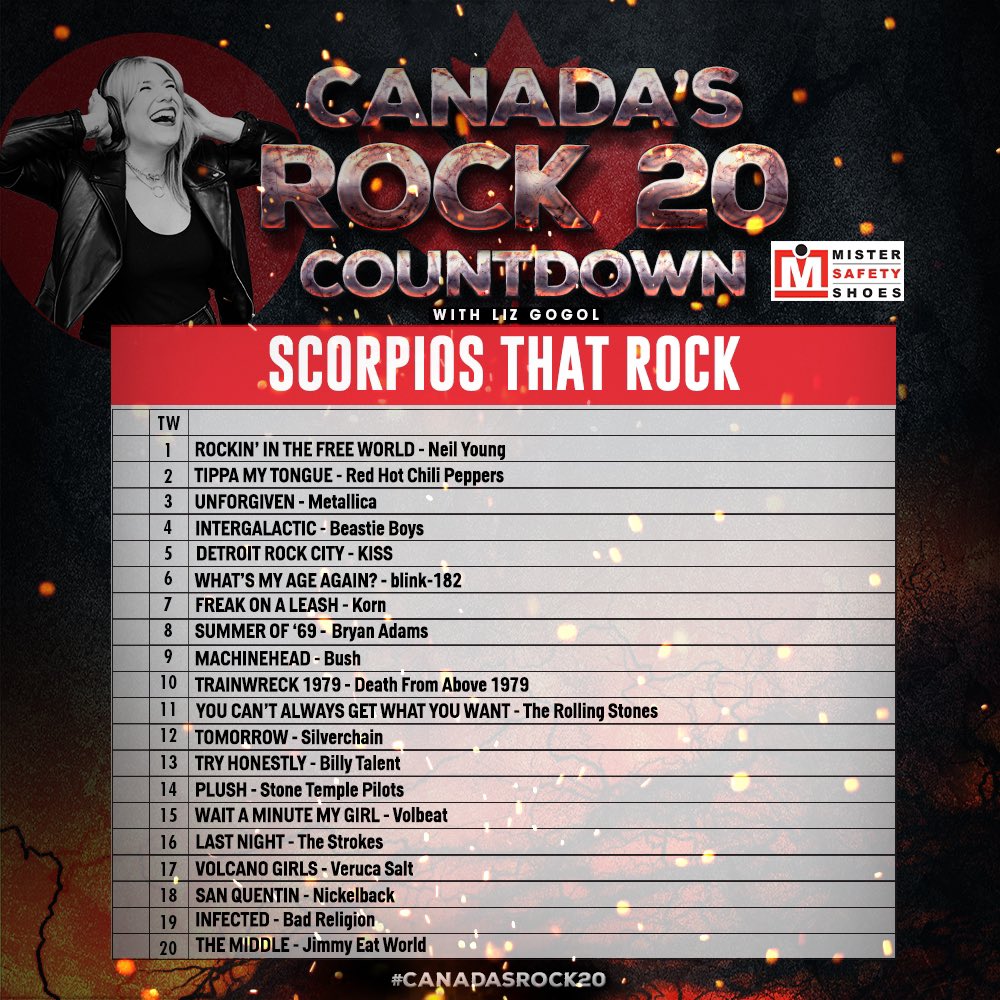 It’s a SCORPIOS THAT ROCK weekend on Canada's Rock 20!🦂♏️

Tune in Saturday with <a href="/lizgogol/">Liz Gogol</a> 😎

Powered by <a href="/MrSafetyShoes/">MisterSafetyShoes</a> 👟

 #Canada #Rock #Music #Scorpio #Astrology #Birthday #October #November #RockAndRoll
