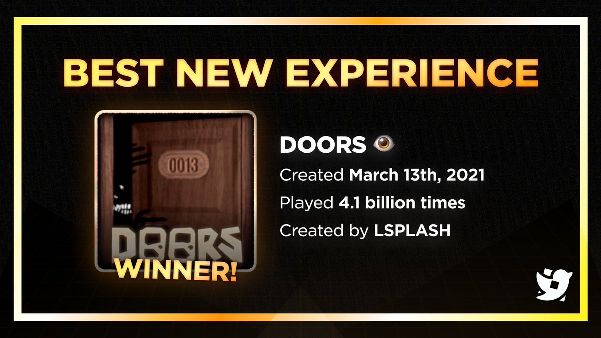 DOORS 👁️, made by <a href="/LightningSplash/">LSPLASH</a> &amp; <a href="/RediblesQW/">Red</a>, has won the Best New Experience category! #Roblox