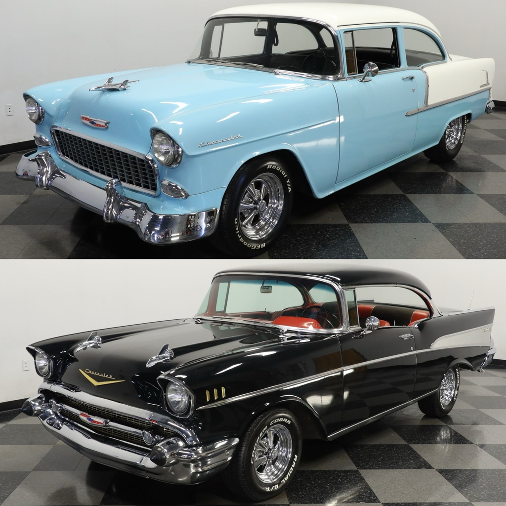 streetsidecars's tweet photo. #TriFives! This 1955 #Chevrolet 210 and 1957 Chevrolet #BelAir Hard Top are both from our #Tampa showroom! Which do you prefer? View these and over 1,600 more collector vehicles by visiting https://t.co/CG3RbkLHlE https://t.co/OoyG6qwGad