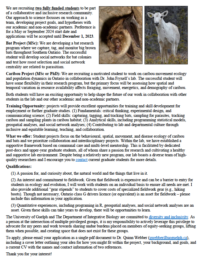 Are you considering graduate school or know someone who is? Consider applying to the Wildlife Ecology & Behaviour (WEB) Lab at U of Guelph to work on bats or caribou with us! Get in touch if you have questions and please share widely! qwebber.weebly.com/opportunities.…