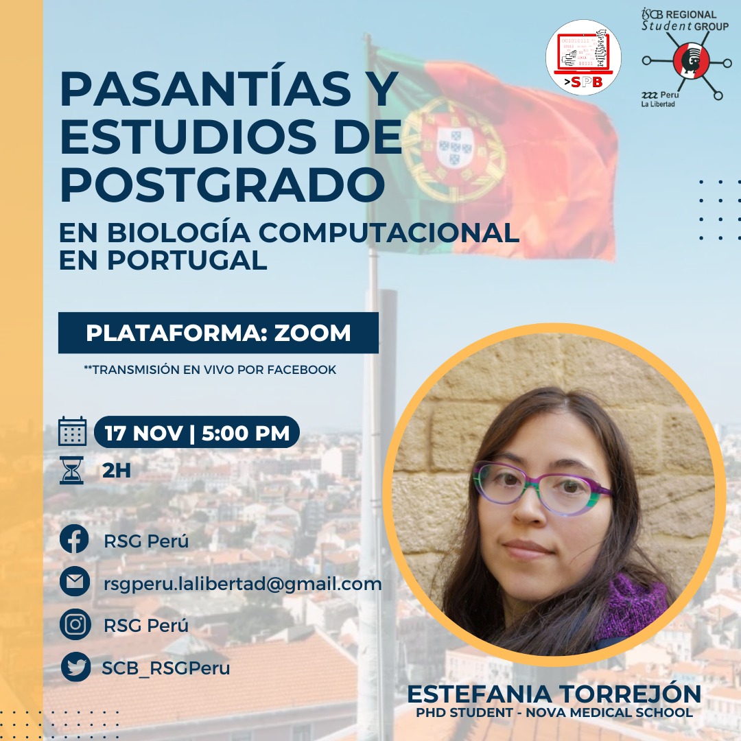 torrejoNia's tweet photo. Hello!
I am volunteering with the Peruvian Society of Bioinformatics and Computational Biology - RSG Peru and will be giving a seminar about research visit opportunities in Portugal within the area of Computational biology and Bioinformatics [1/4] @ISCB_RSGPeru https://t.co/9tXsJVYCGS