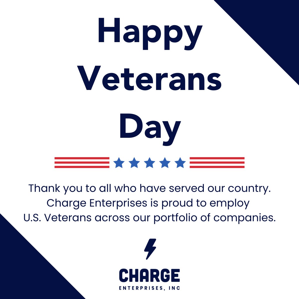 Happy Veterans Day from all of us at Charge Enterprises. We are proud to employ U.S. Veterans across our subsidiaries and thank you all for your service to this country. 🇺🇸

Enjoy your holiday weekend!
#CRGE #veteransday