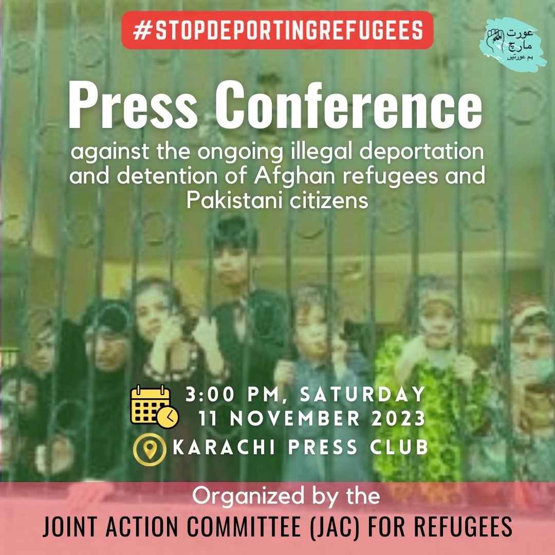 Join us in a press conference being called by the Joint Action Committee (JAC) for Refugees as we attempt to wake our state machinery up to its criminal negligence.

3 PM on Saturday!

#JusticeForRefugees
#StopDeportingRefugees
#AfghanRefugeesInPakistan
#AuratMarch